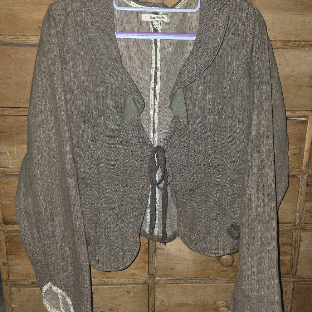 Free People Brown Pinstripe Ruffle-Front Blazer